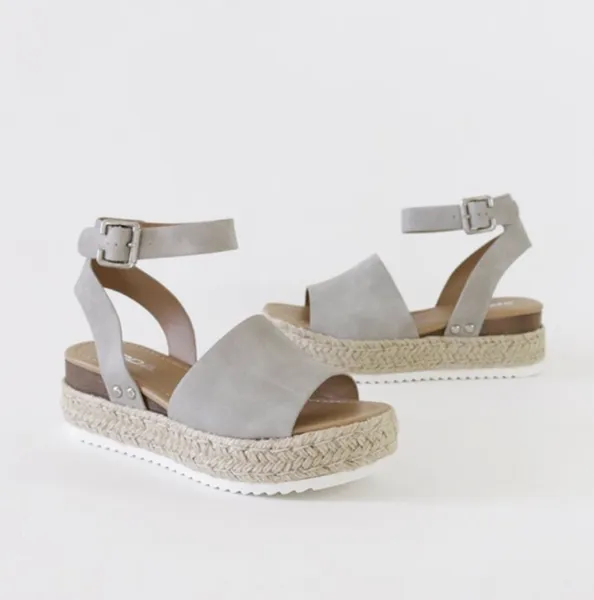 Soda Topic Grey Casual Espadrilles Trim Rubber Sole Flatform Studded Wedges
