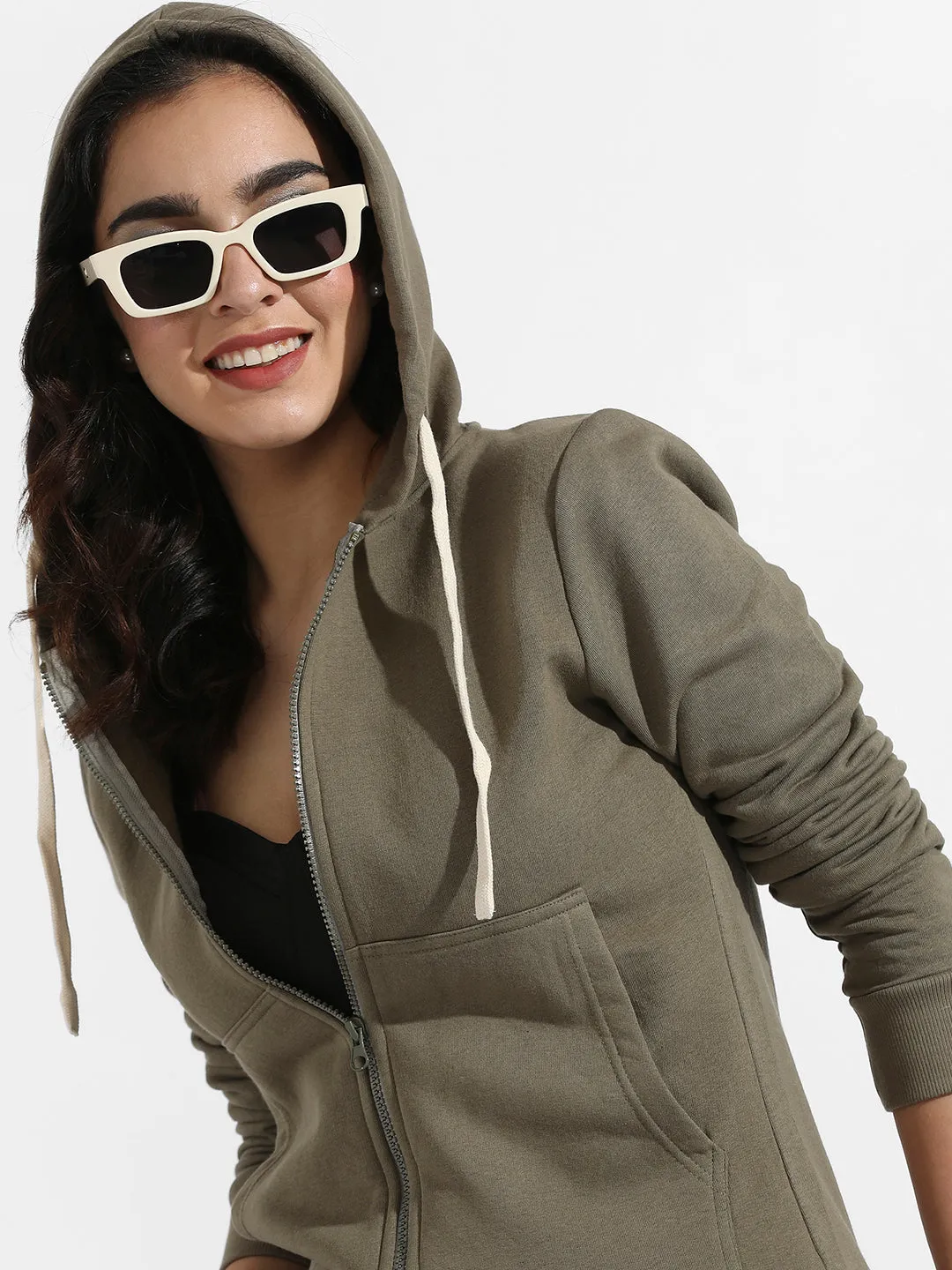 Solid Zip-Front Hoodie With Contrast Drawstring