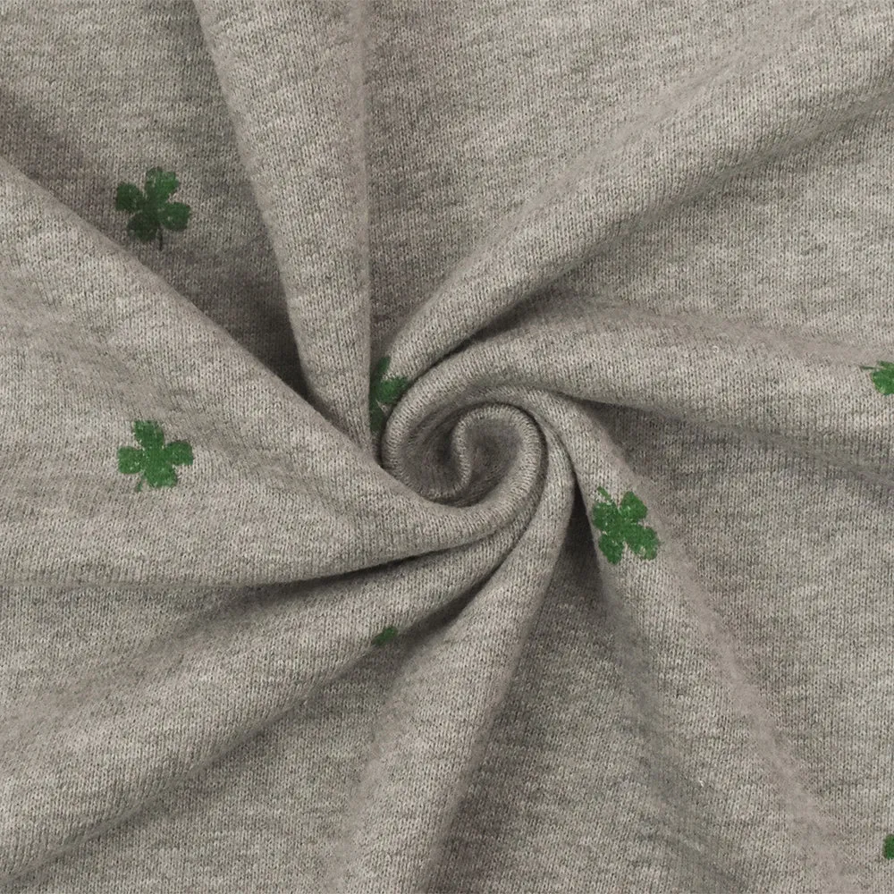 Static Gray-Green Mini Clover Printed Cotton French Terry Knit Fabric