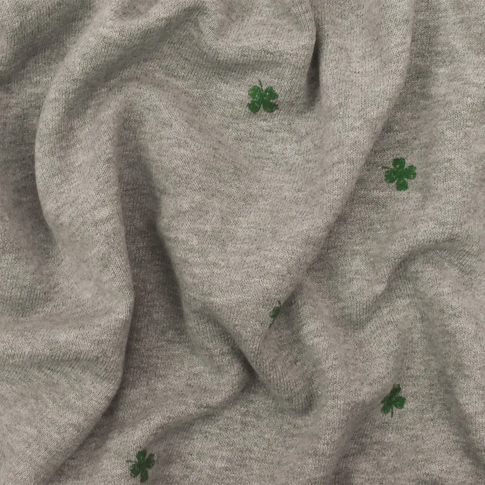 Static Gray-Green Mini Clover Printed Cotton French Terry Knit Fabric