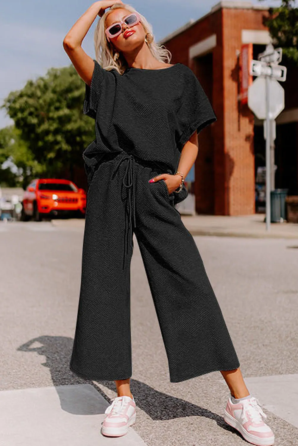 Stylish Black Women's T-Shirt & Pants Set - Relaxed Fit