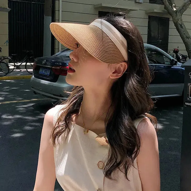 Summer Empty Top Straw Hat for Women Outdoor Beach Sunscreen Visor Cap Female Handmade UV Protection Big Brim Sun Hats