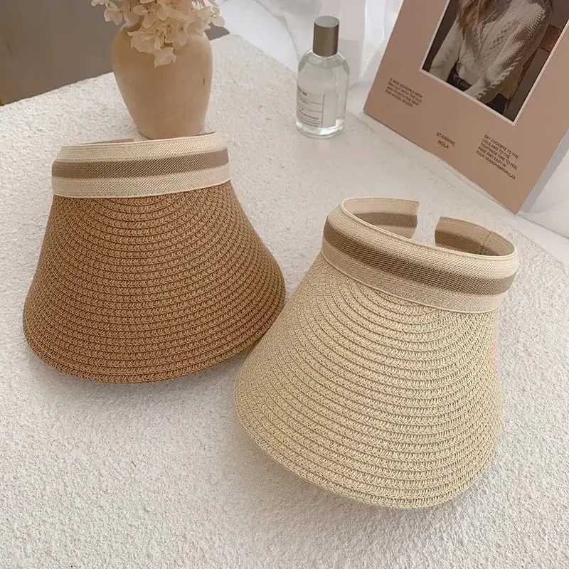 Summer Empty Top Straw Hat for Women Outdoor Beach Sunscreen Visor Cap Female Handmade UV Protection Big Brim Sun Hats