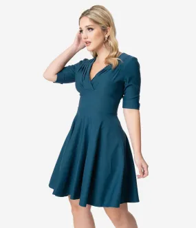 Unique Vintage 1950s Dark Teal Delores Fit & Flare Dress