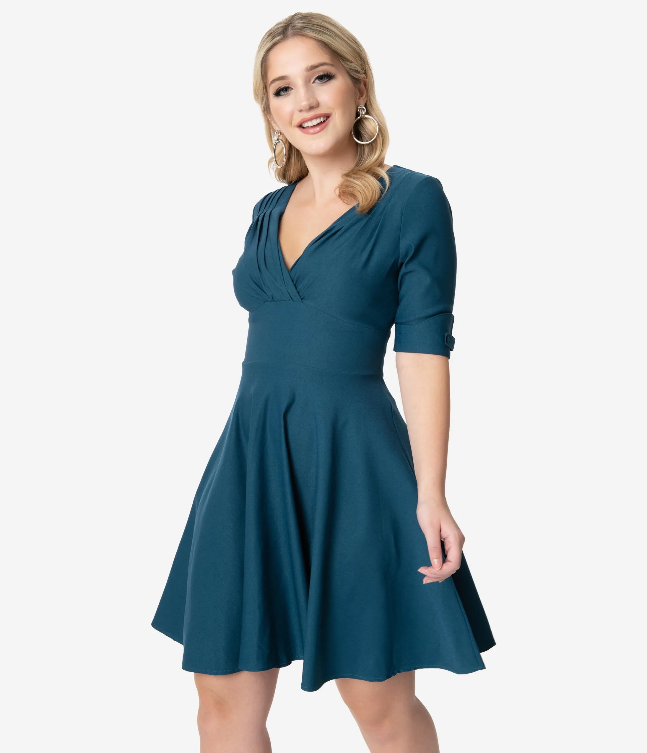 Unique Vintage 1950s Dark Teal Delores Fit & Flare Dress