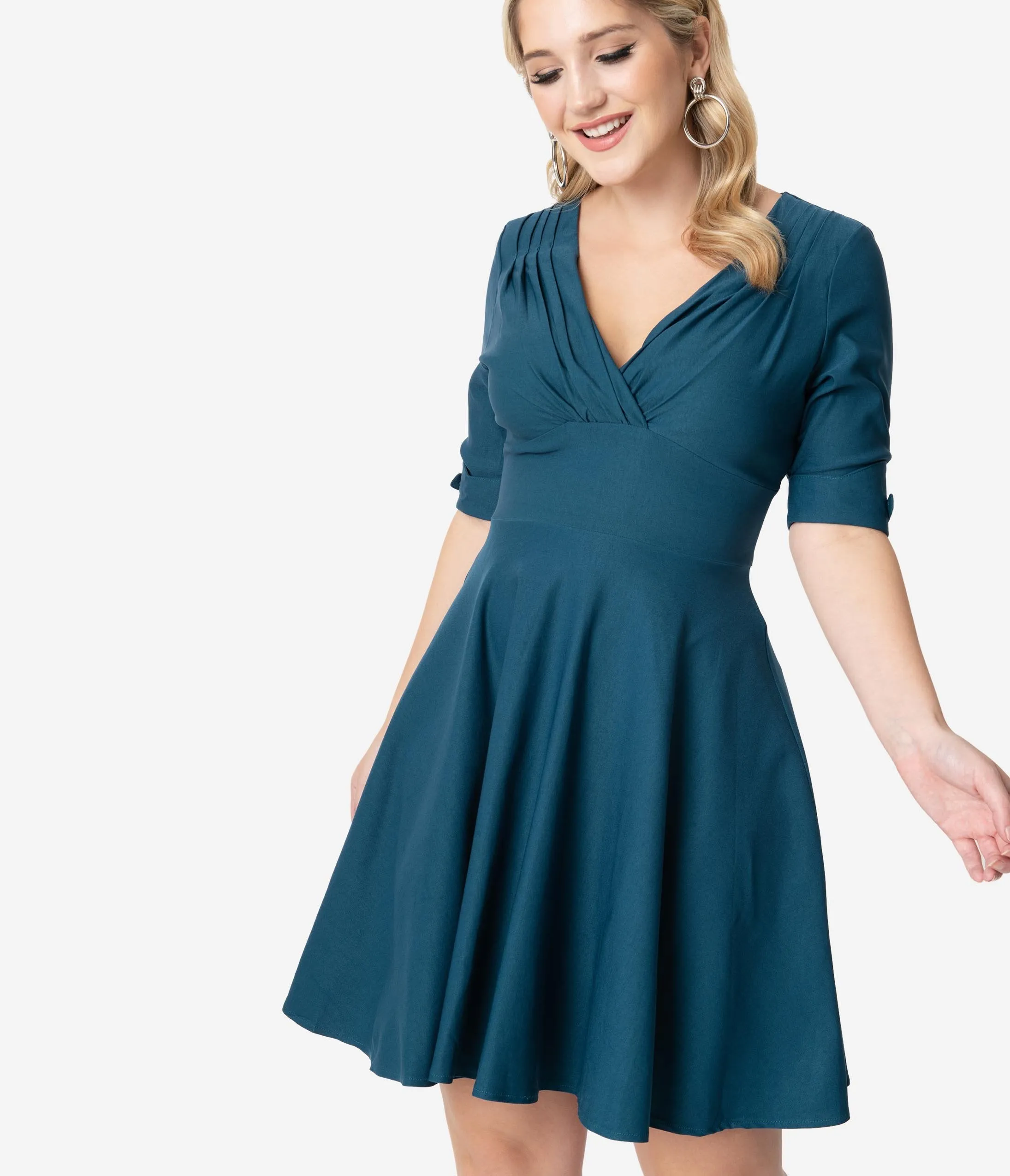 Unique Vintage 1950s Dark Teal Delores Fit & Flare Dress