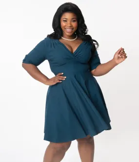 Unique Vintage Plus Size 1950s Dark Teal Delores Fit & Flare Dress