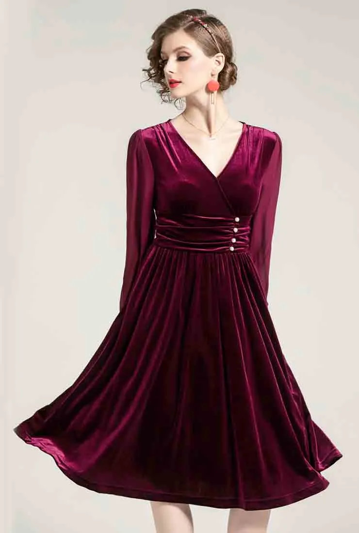 V-neck High Waist Velvet Midi Pleated Dress
