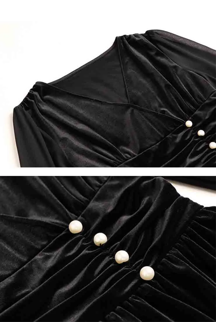 V-neck High Waist Velvet Midi Pleated Dress