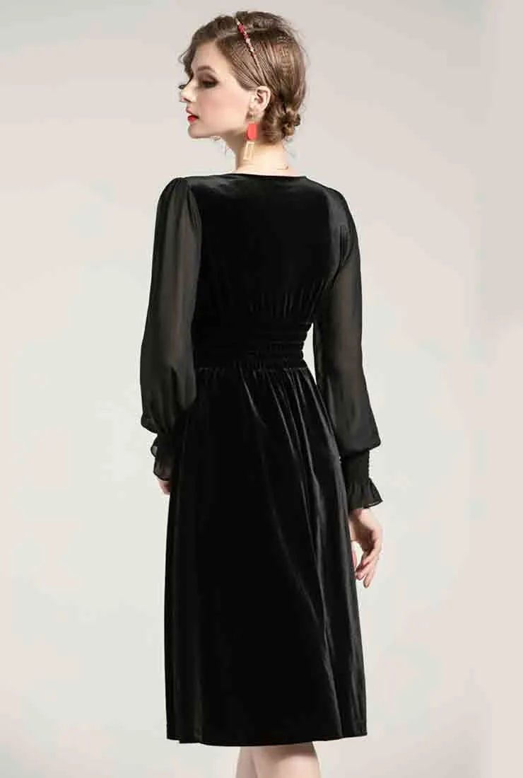 V-neck High Waist Velvet Midi Pleated Dress