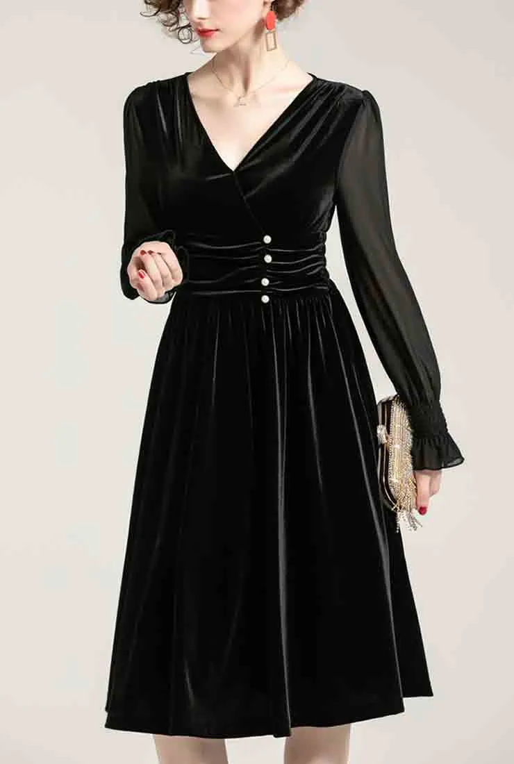 V-neck High Waist Velvet Midi Pleated Dress