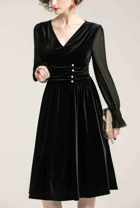 V-neck High Waist Velvet Midi Pleated Dress