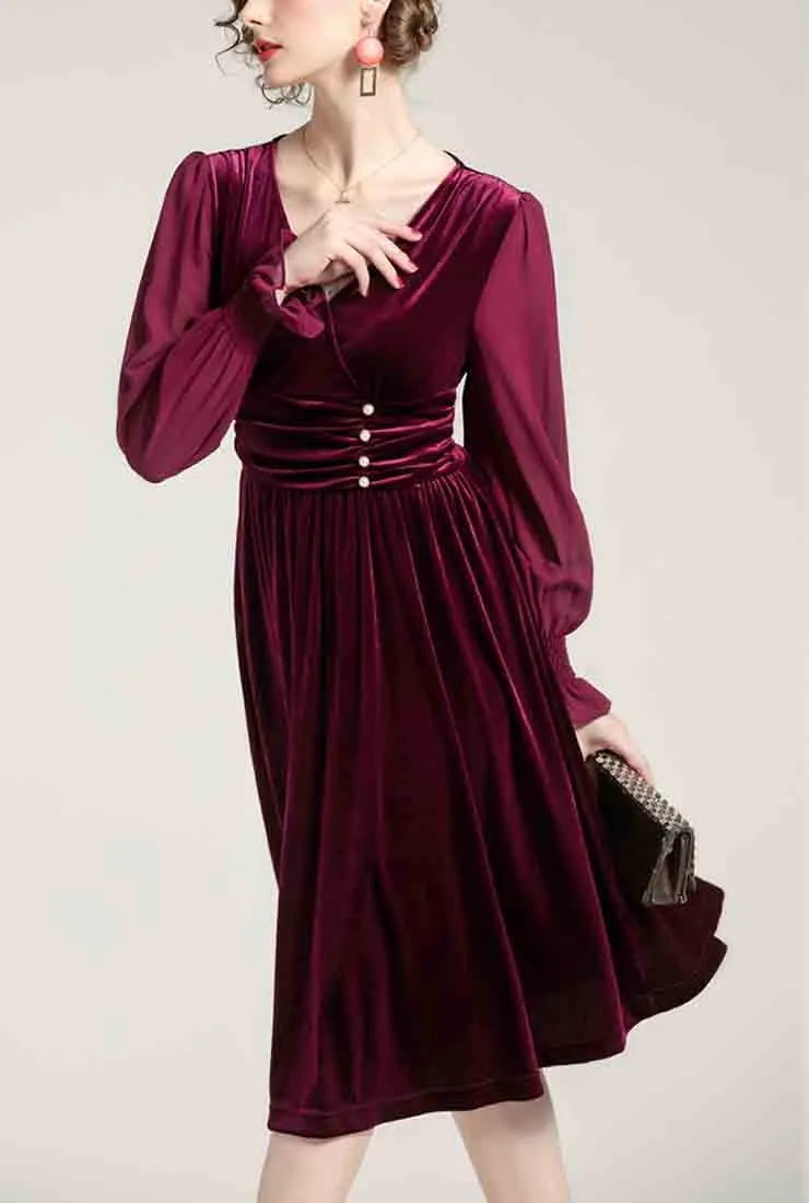 V-neck High Waist Velvet Midi Pleated Dress