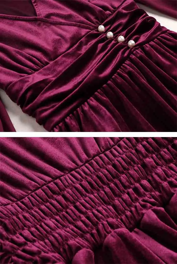 V-neck High Waist Velvet Midi Pleated Dress