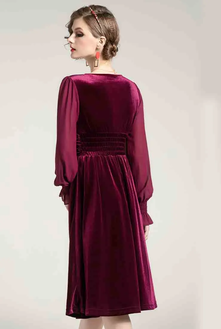 V-neck High Waist Velvet Midi Pleated Dress