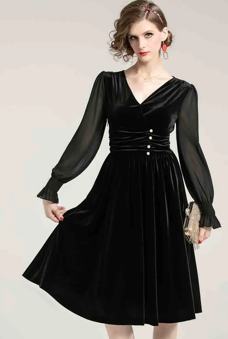 V-neck High Waist Velvet Midi Pleated Dress