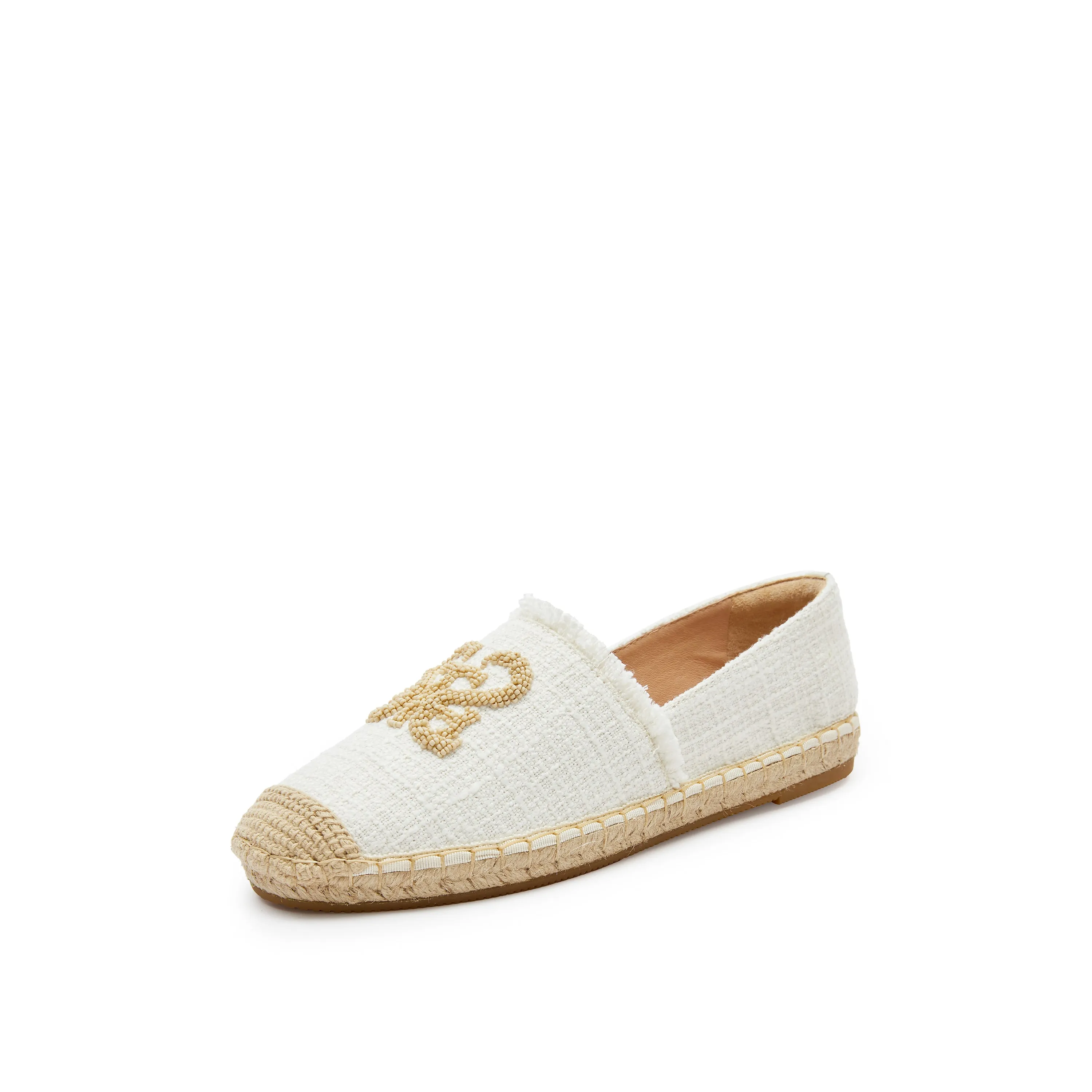 White Bead-Embellished Logo Espadrilles